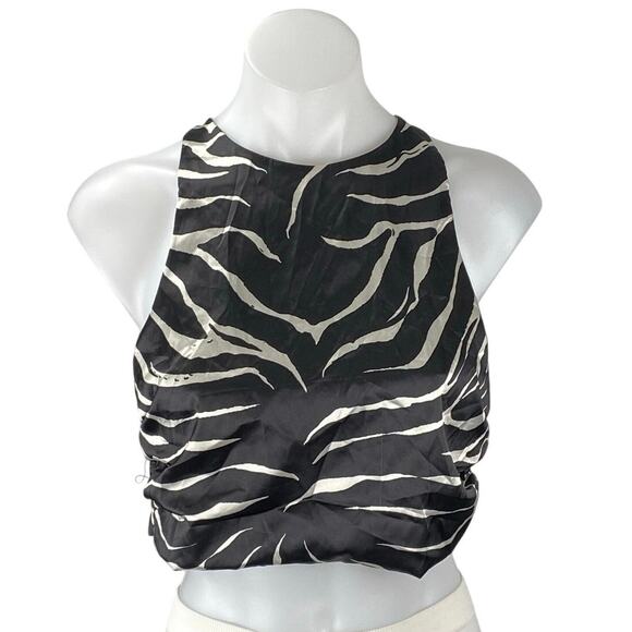 Zara Women's Black Satin Sleeveless Animal Print Crossback Crop Tank Top Size M - Picture 1 of 5